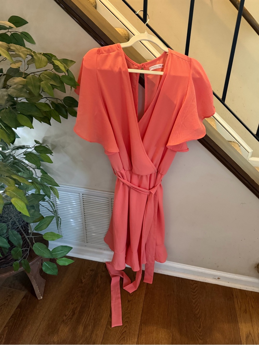 Chic Soul Coral Wrap Midi Dress with Ruffle Hem